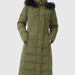 OROLAY Olive Green Long Puffer Down Coat with Hood Fur
